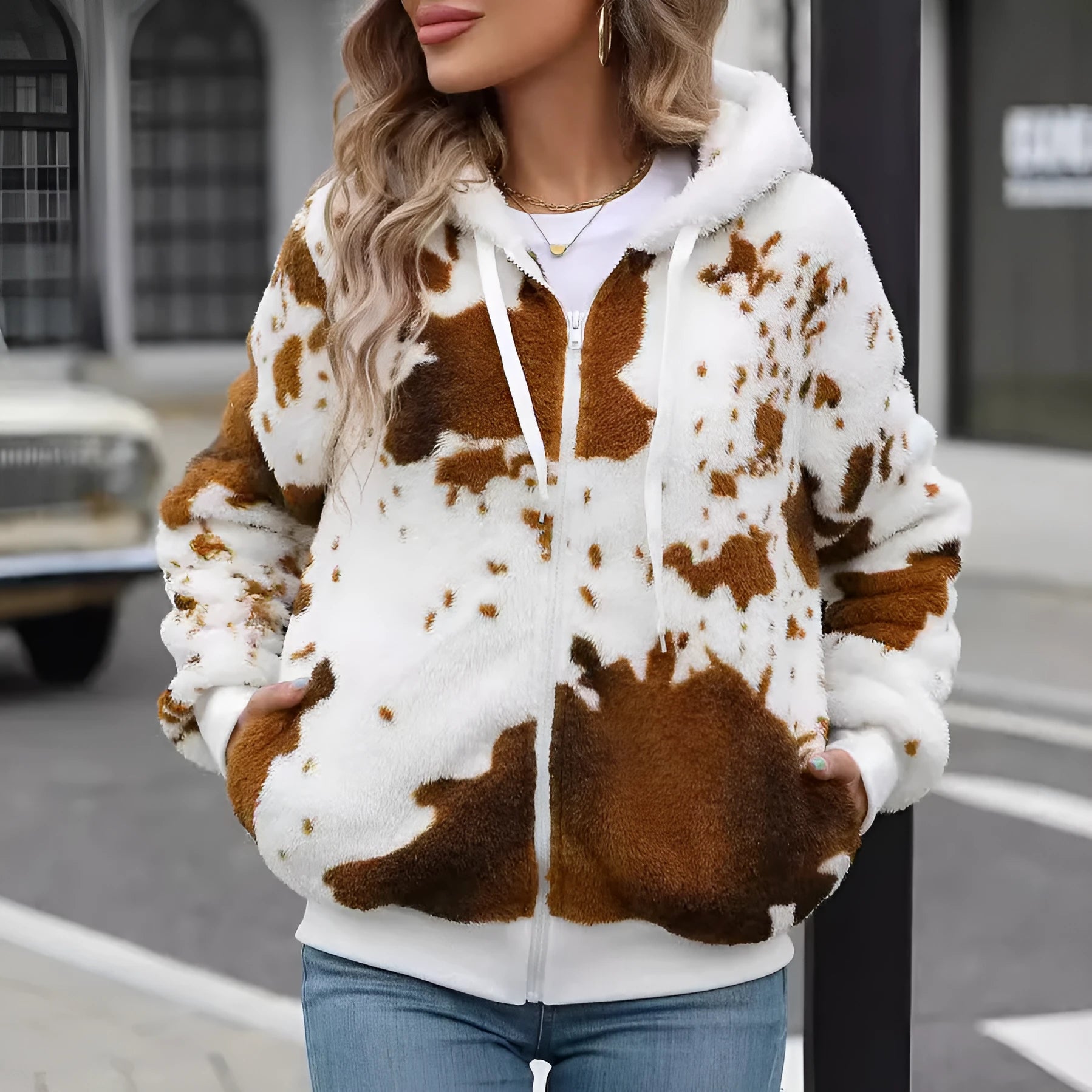 Yellow brown cow coloured hooded cardigan jacket with animal pattern print and front zipper