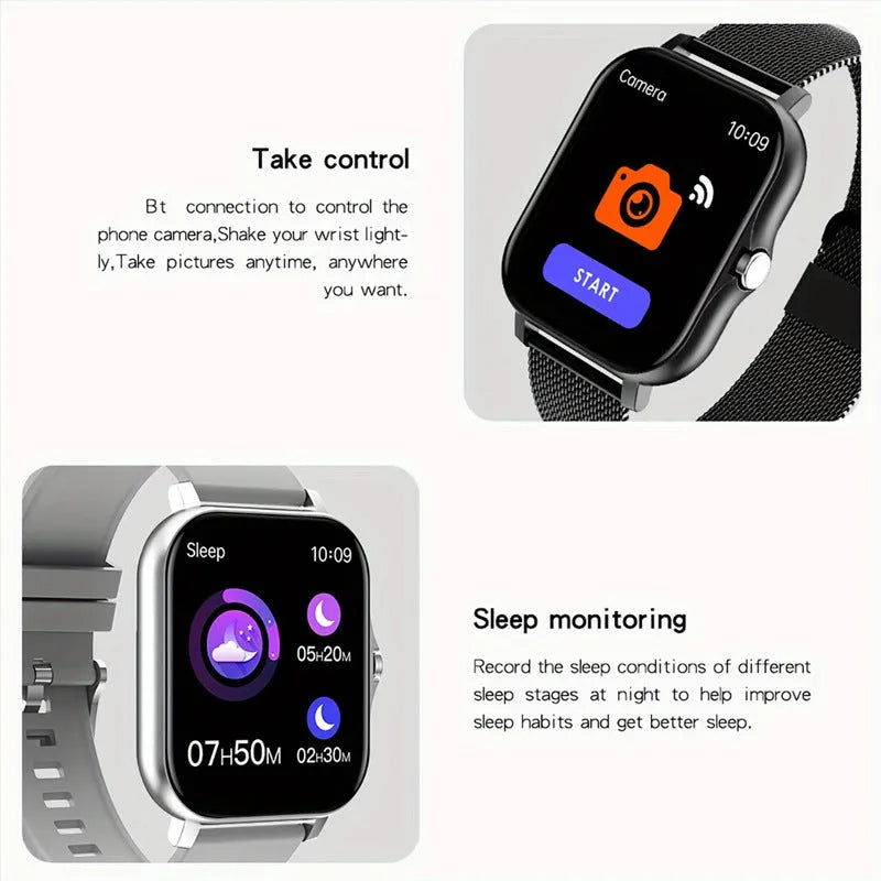 Smart watch with 1.44-inch touch screen and silicone wrist strap showing Bluetooth calling and health monitoring interface