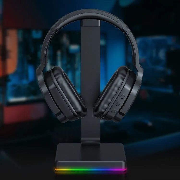 Luminous black wireless gaming headphones with adjustable headband and ear cups