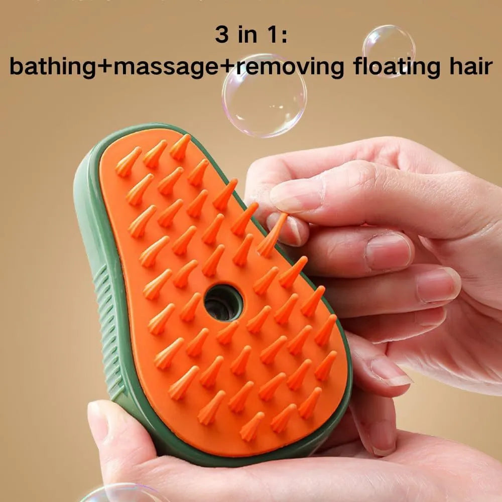 Green and white rechargeable cat steam brush with water spray nozzle and soft silicone teeth.