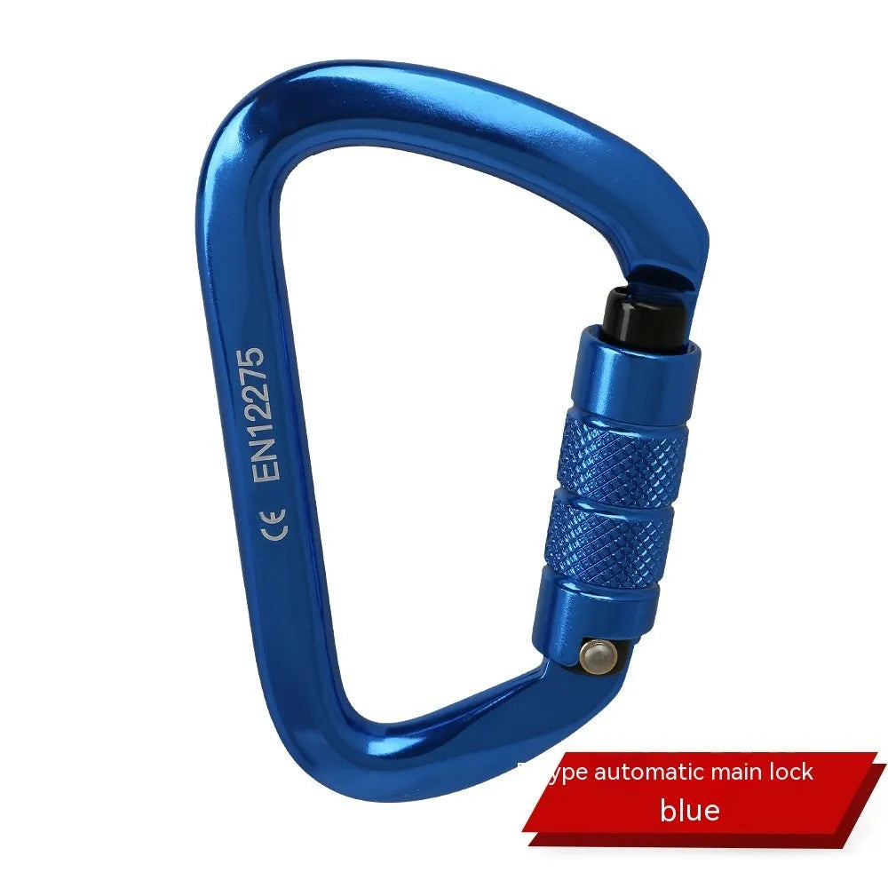 D-type metal climbing safety lock with a choice of automatic or threaded gate, shown in multiple colours.
