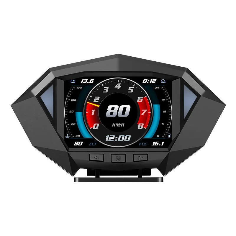 Black vehicle HUD head-up display unit with LCD screen, OBD cable, and anti-slip pad.