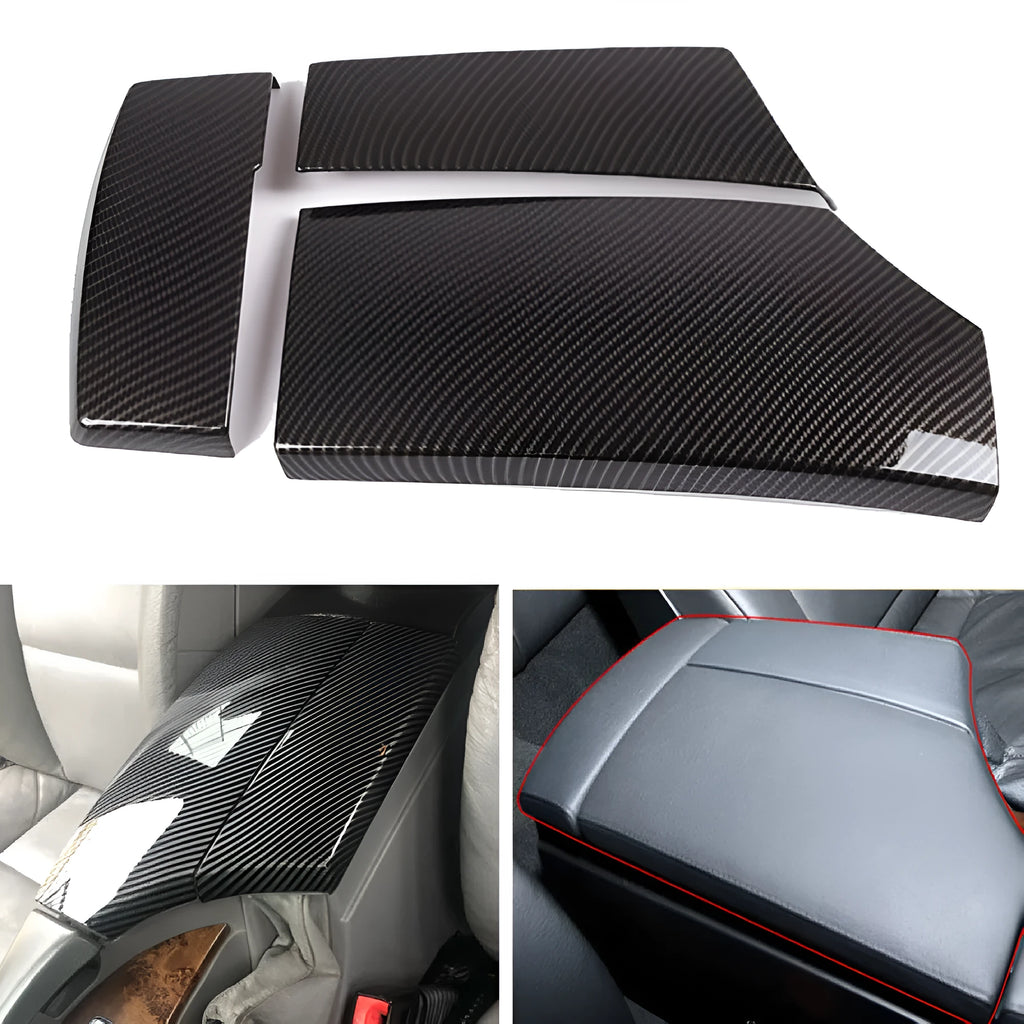 Three ABS plastic armrest box covers with a shiny carbon fibre pattern, shown next to a car centre console.