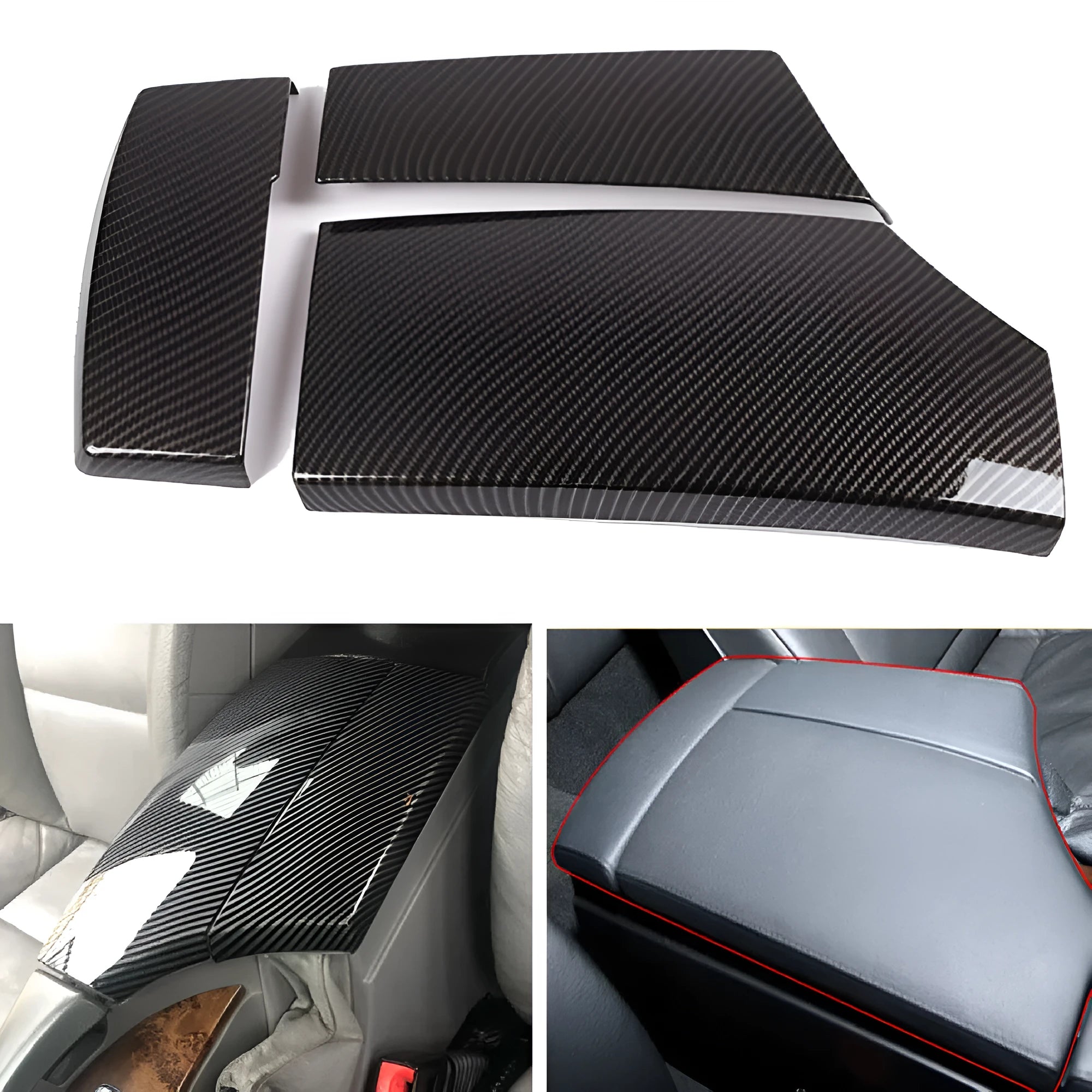 Three ABS plastic armrest box covers with a shiny carbon fibre pattern, shown next to a car centre console.