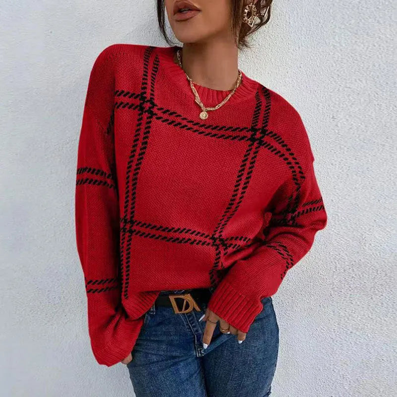 Women's plaid colour-block acrylic sweater with crew neck and regular sleeves in medium thickness