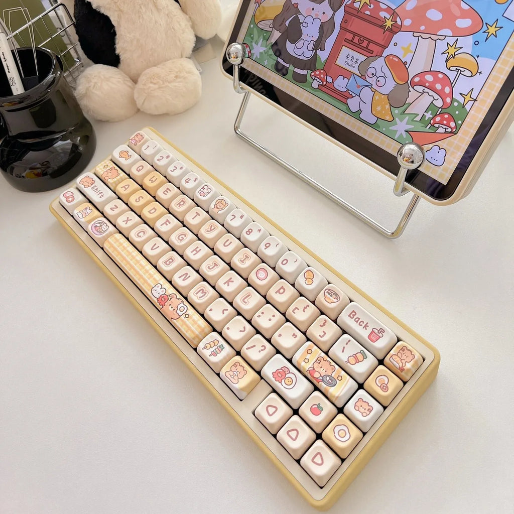 EOA height PBT keycap set with rabbit bear restaurant design, 140 pieces for mechanical keyboard customisation