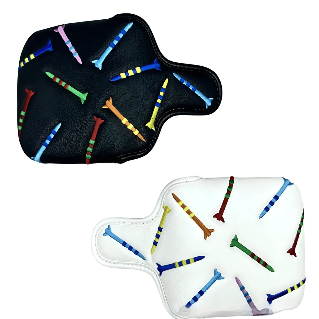 Black golf putter protective sleeve with white rocket pattern design for square club heads.