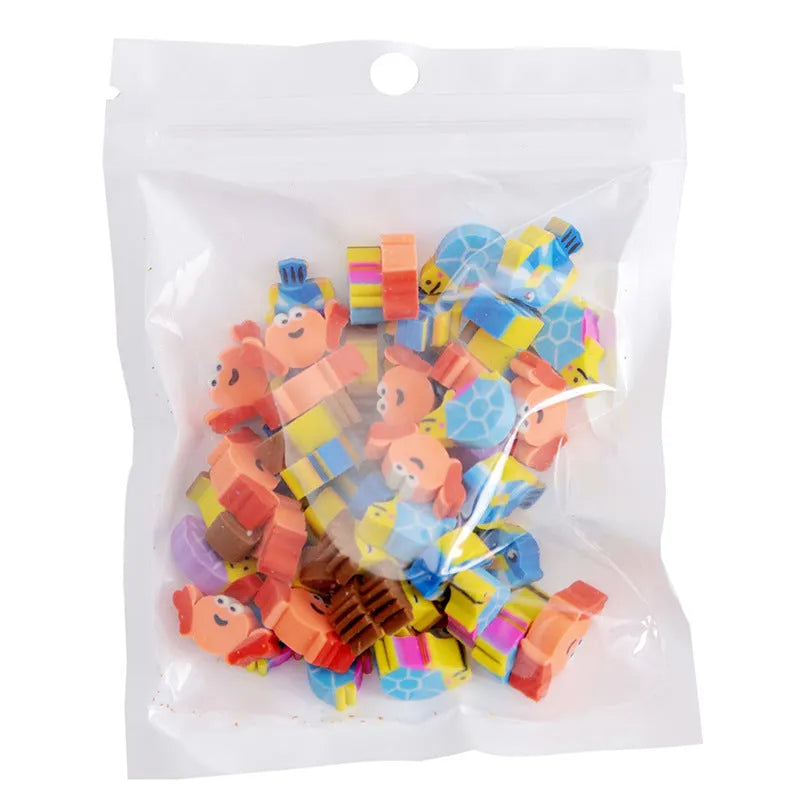 Assortment of 50 colourful miniature cartoon erasers including fruit, animal and theme designs.