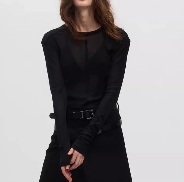 Black mesh texture slim-fit pullover with long sleeves and round collar