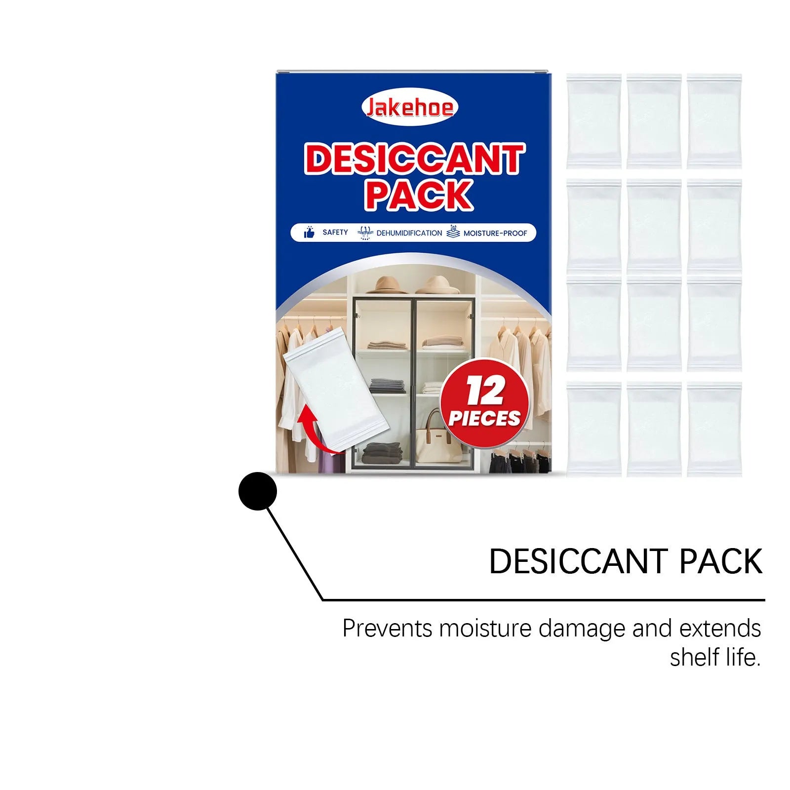 Pack of twelve white calcium chloride desiccant bags for household moisture and odour control.