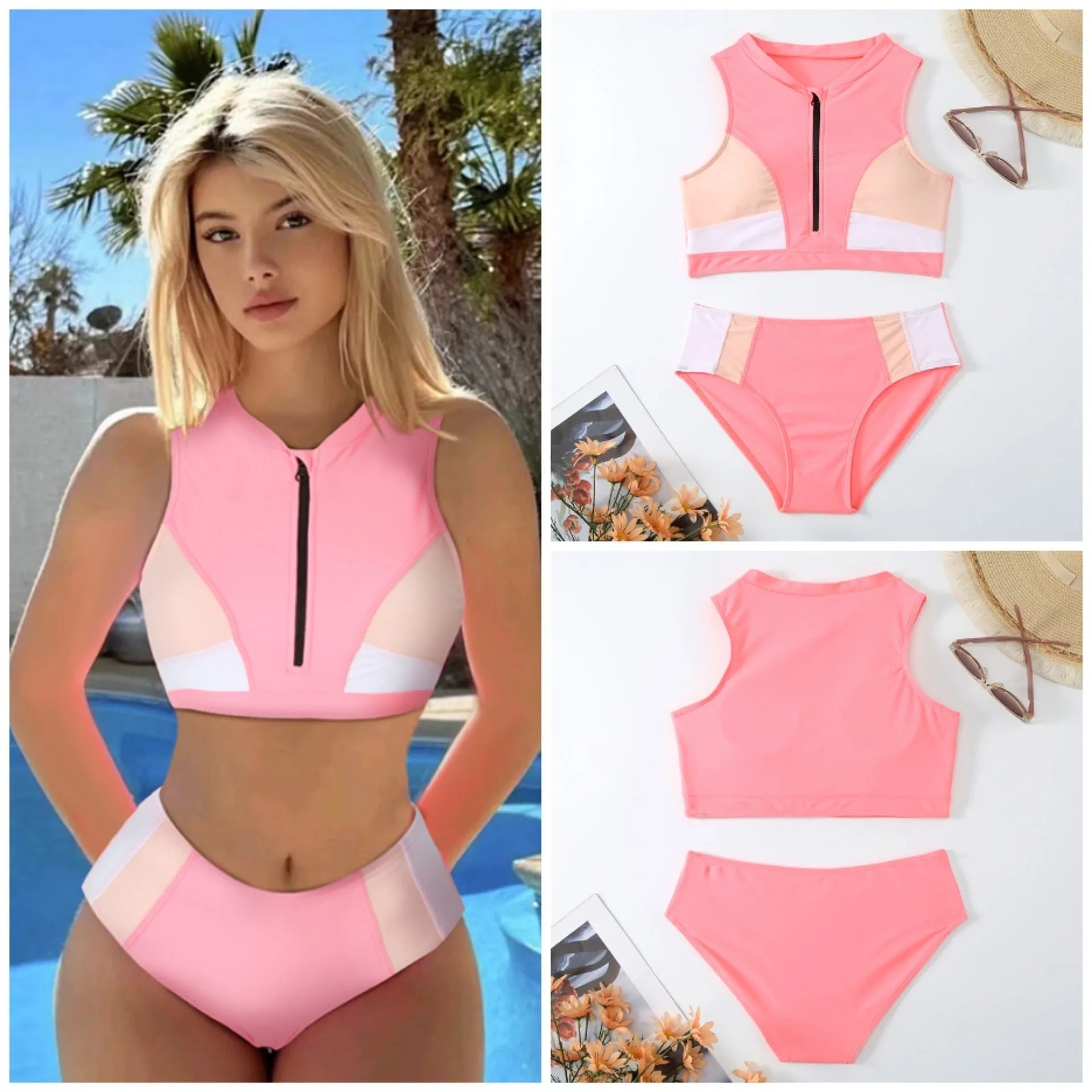 Solid pink women's high waist split bikini swimsuit set on a white background.