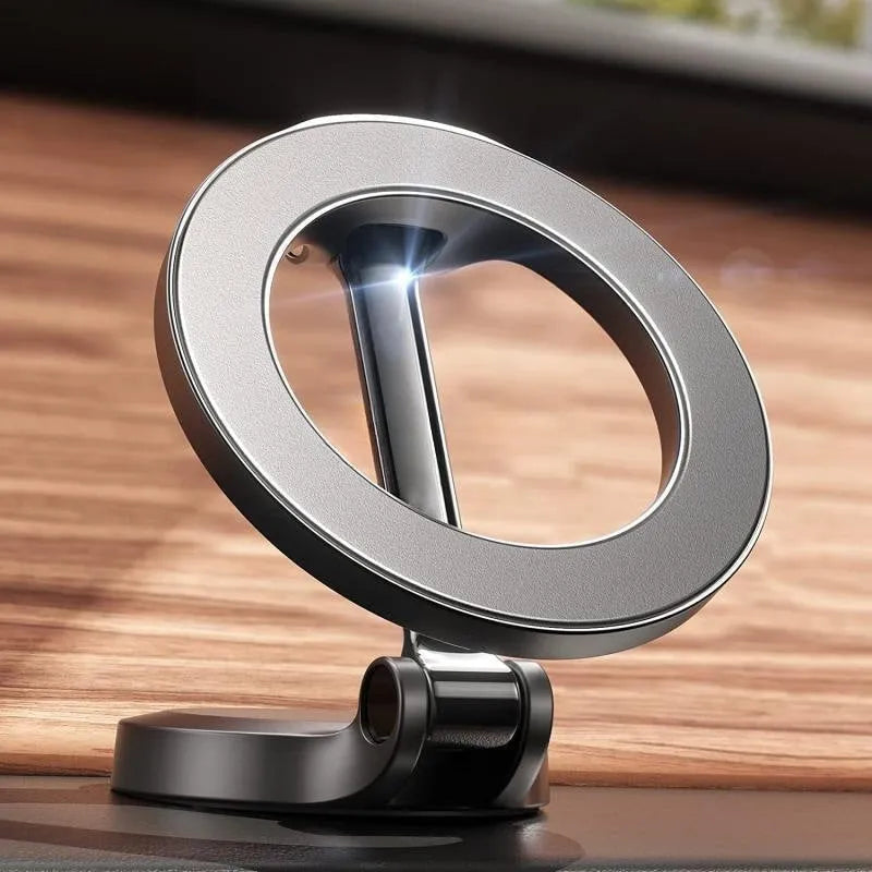 Magnetic car phone mount in Qian colour showing foldable all-metal design for dashboard installation
