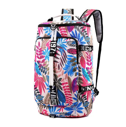 Black waterproof nylon convertible gym backpack with combination lock, shown with multiple pockets and air cushion straps.