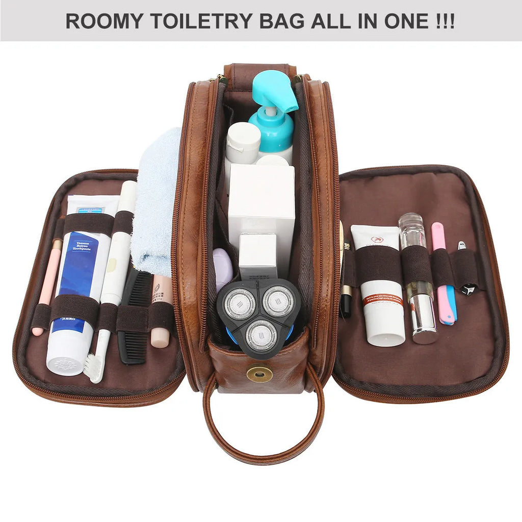 Black and brown pu leather men's toiletry bag for travel storage