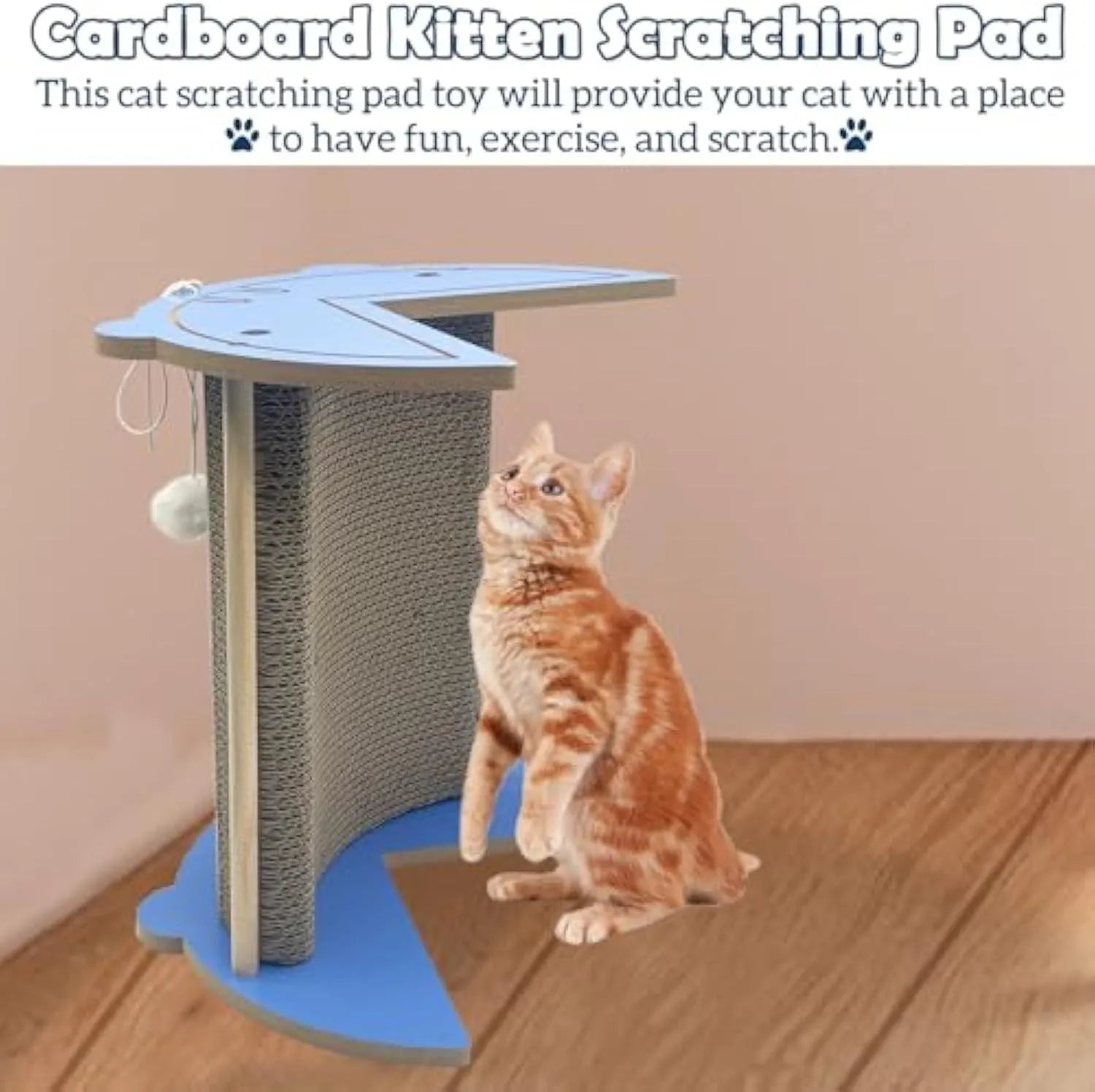 Corner cat scratching pad with hanging ball on cardboard surface