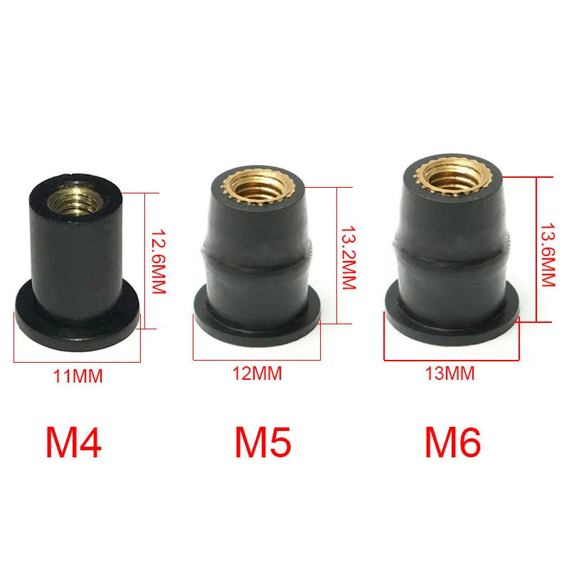 Motorcycle windshield brass rubber nut fastener kit with 10 pieces in M4, M5 and M6 thread sizes