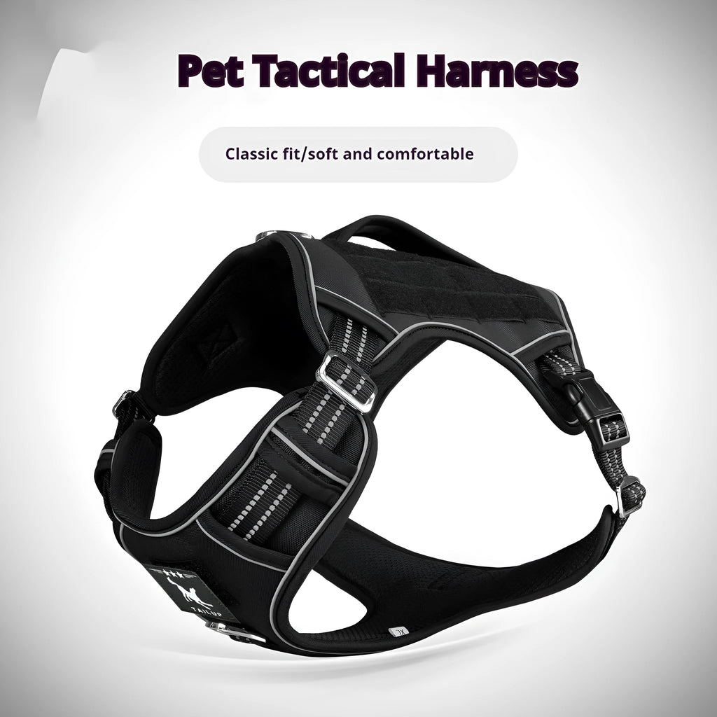 Tactical working dog chest strap harness made from black Oxford cloth, shown fitted on a dog.