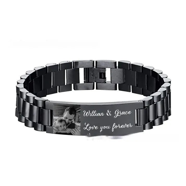 Titanium steel curved bracelet with engraved lettering in black or grey options