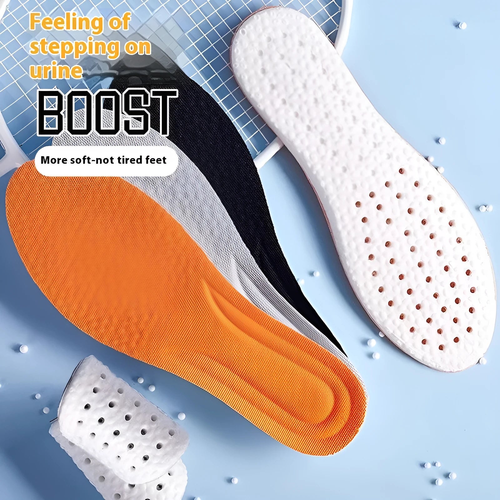 A pair of breathable grey PU foam sports insoles on a white background, shown with scissors to indicate their cut-to-fit feature.