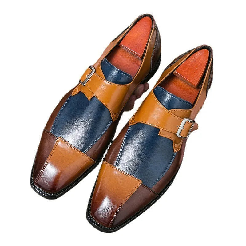 Men's British retro buckle casual shoes in black and brown blue with tall crown design