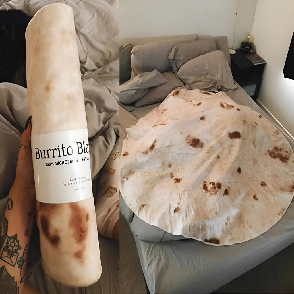 Round shape flannel burrito blanket with food-themed printing showing coral fleece texture