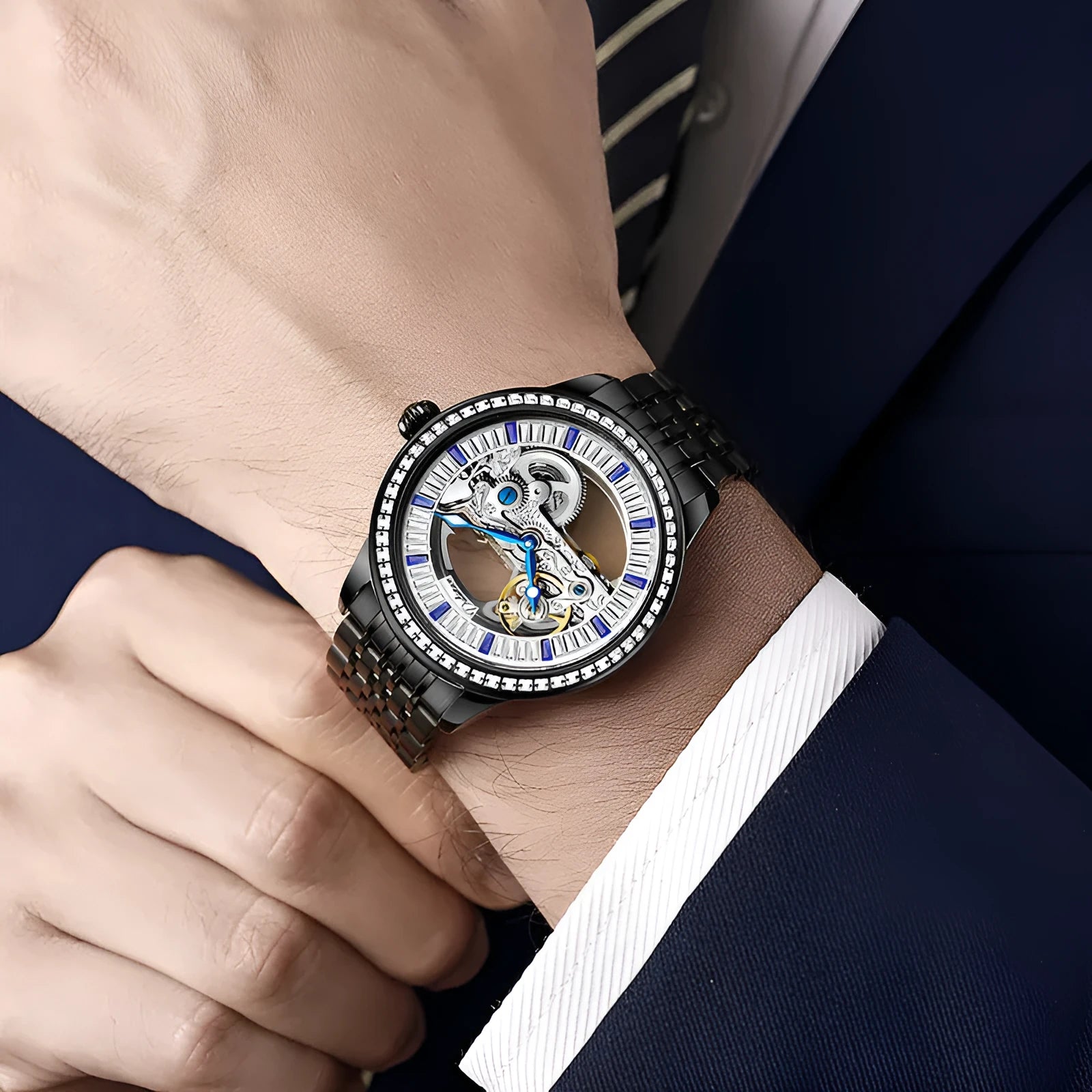 Luxury men's zircon mechanical watch with rose gold stainless steel belt and transparent case back