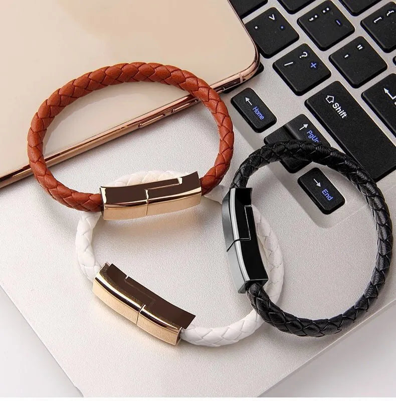 Black braided PU leather bracelet charger USB data cable with zinc alloy joints, 20cm or 22.5cm