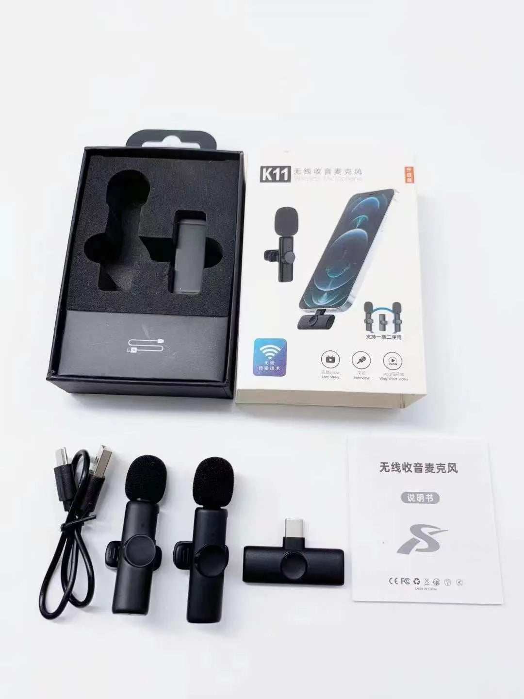 Wireless collar clip lavalier microphone for outdoor video recording with multiple interface connection options