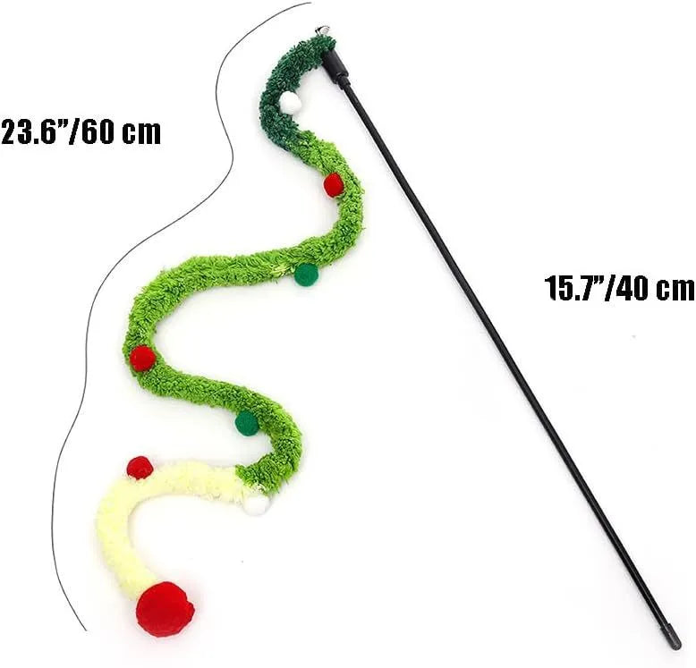 Blue cat teaser wand with plush strip, colourful ball, and bell on 41cm pole