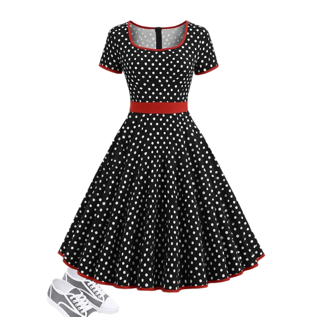 Polka dot dress with square collar, short sleeves, front zipper, and pleated mid-length skirt in multicolour pattern