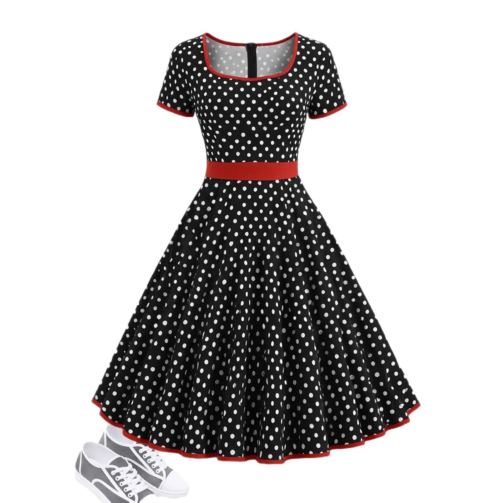 Polka dot dress with square collar, short sleeves, front zipper, and pleated mid-length skirt in multicolour pattern