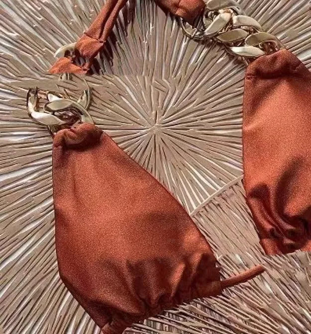 Coffee brown women's tube-top swimsuit with a split-ring tether and push-up design.