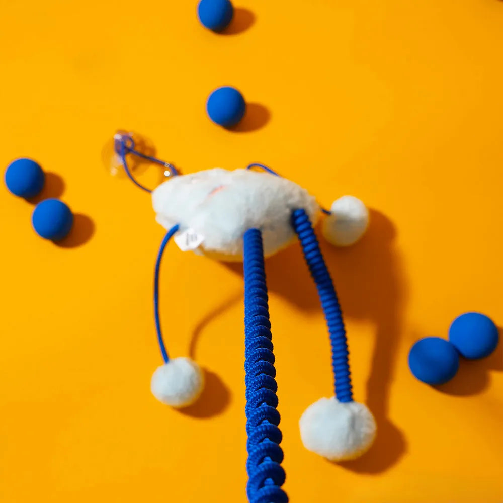Blue plush elastic rope cat toy with mint bell measuring 30x30cm