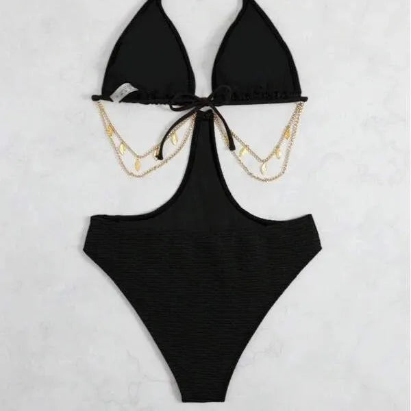 Women's black bikini swimsuit with chain detail and sleeveless design