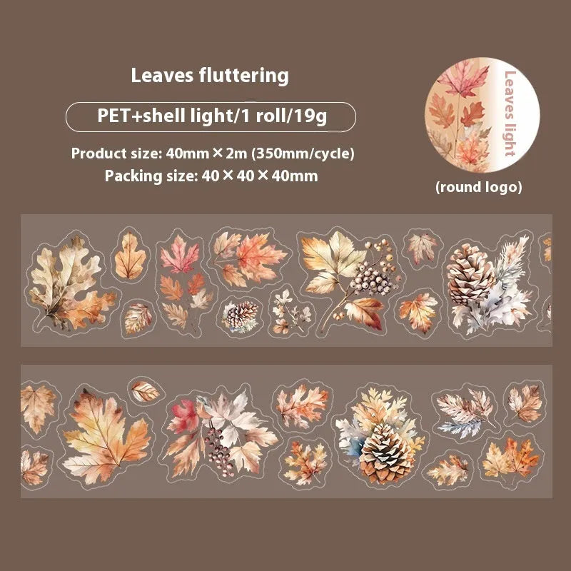 Six rolls of nature-themed decorative stickers showing gentle ginkgo, maple leaf, and blue fallen leaves colour variations