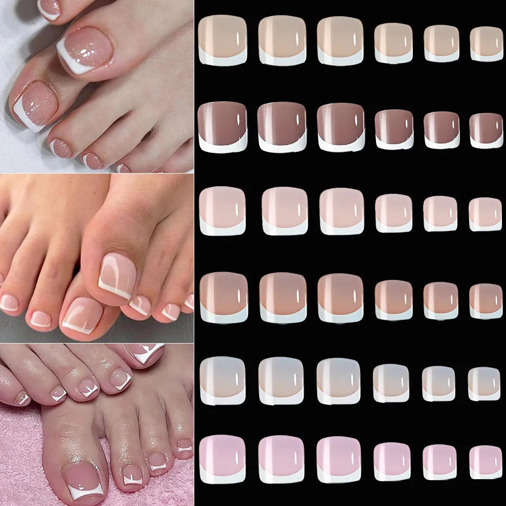 Box of 120 French white tip artificial toenails in nude colours, square short shape.