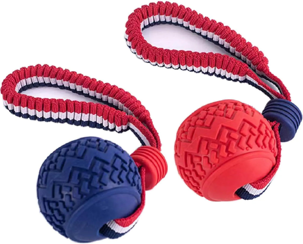 Blue rubber dog ball with attached rope toy measuring 6.5cm diameter