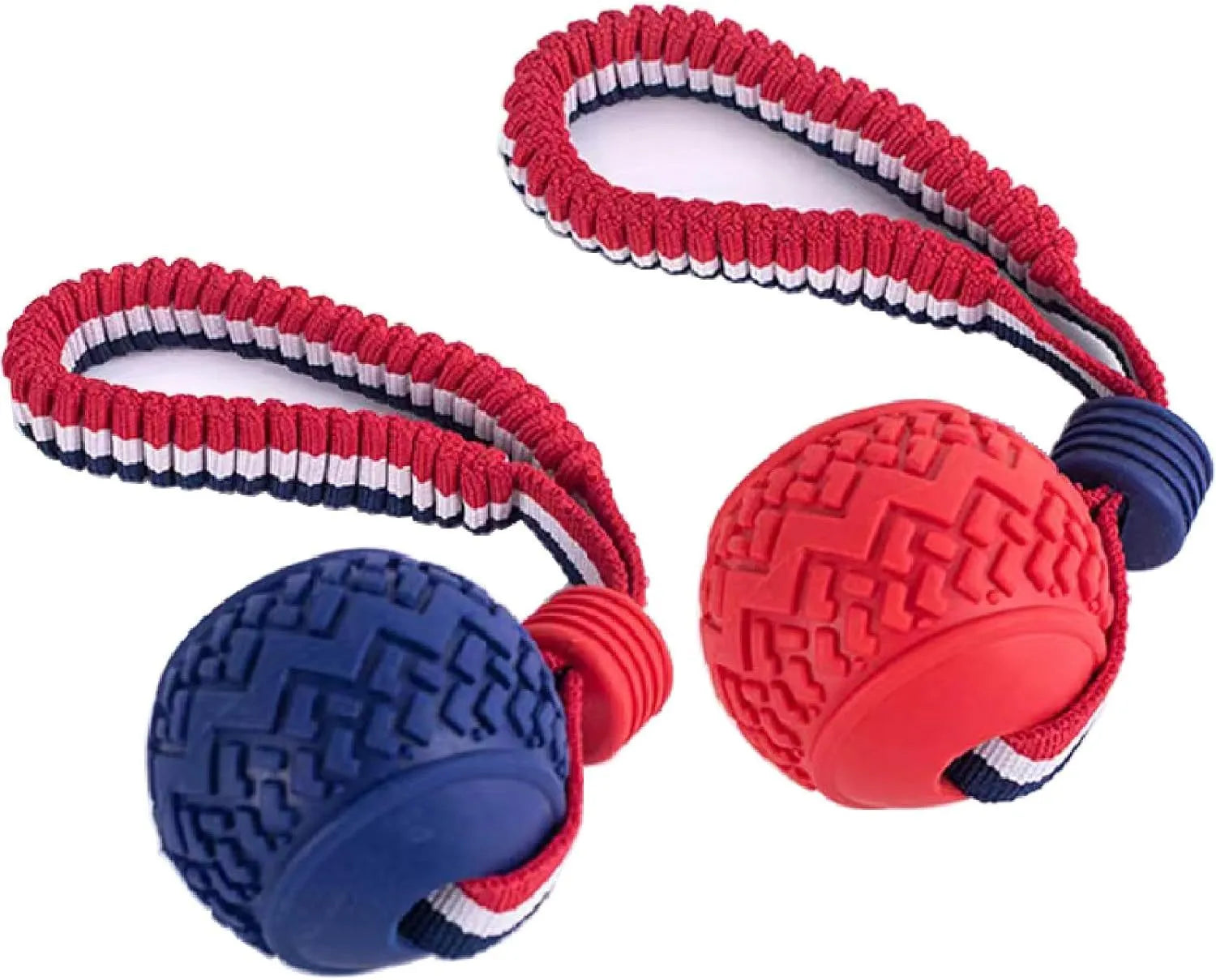 Blue rubber dog ball with attached rope toy measuring 6.5cm diameter