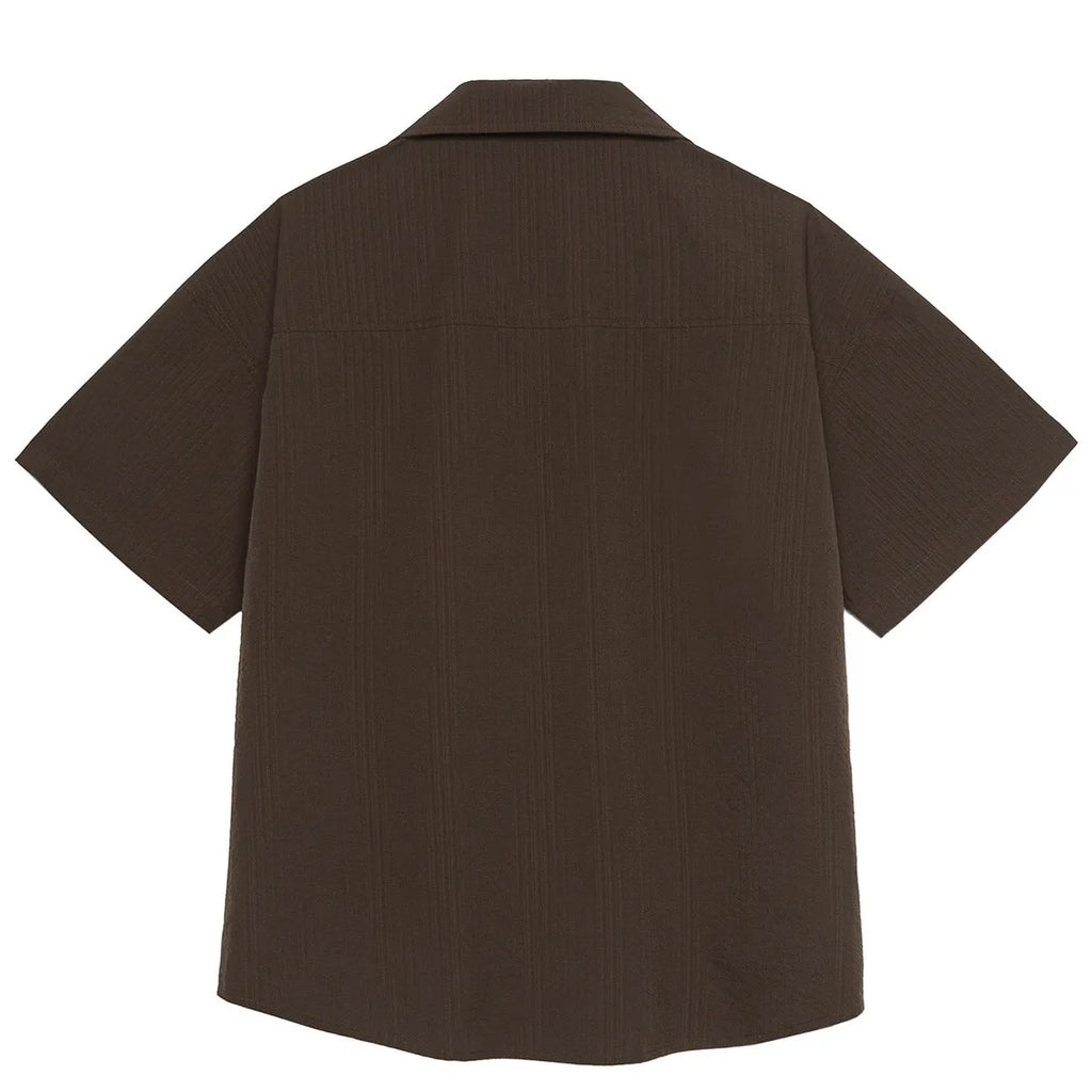 Brown striped Cuban collar short sleeve outdoor shirt with waterproof quick-drying fabric