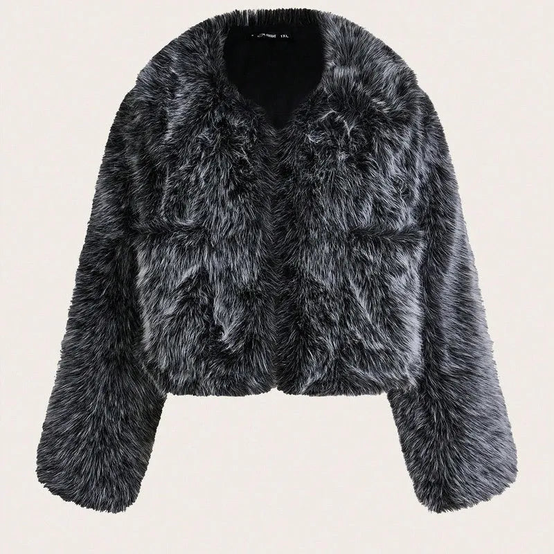 Women's artificial fur coat with fur collar in various colour options including black tip patterns
