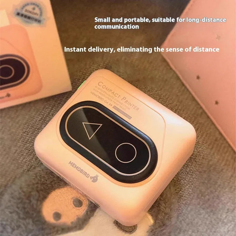 Portable Bluetooth thermal mini printer in avocado green, pink, yellow duck, or white, showing compact size next to a smartphone.