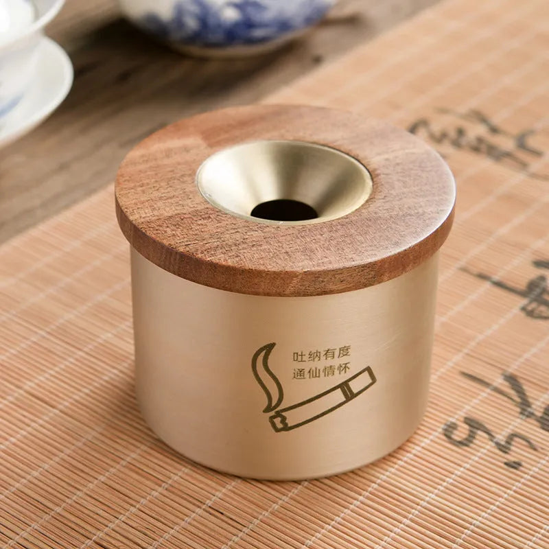 Solid copper retro ashtray with a wooden lid in black or rosewood, showing central air hole.