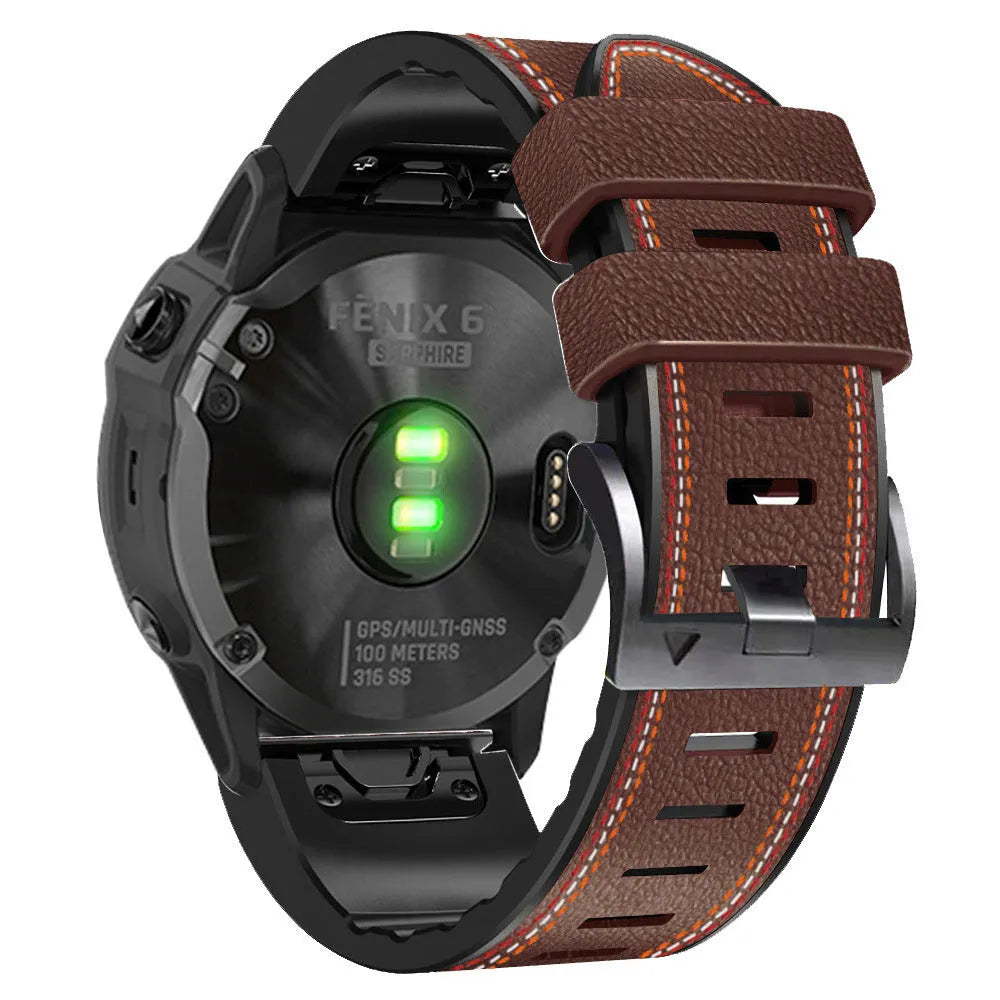 Silicone leather quick release replacement strap for Garmin Fenix smartwatch in black