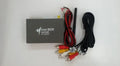 Black car mirror link box Wi-Fi converter with power cable, AV cable, antenna, and user manual for screen mirroring.