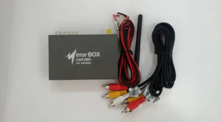 Black car mirror link box Wi-Fi converter with power cable, AV cable, antenna, and user manual for screen mirroring.