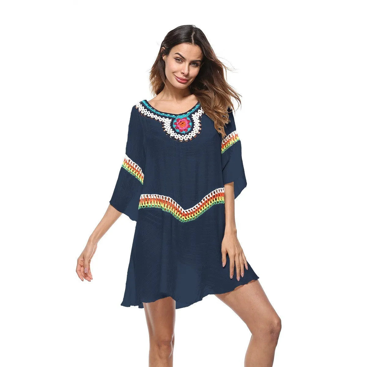 Crocheted ethnic style beach cover-up clothing for women in acrylic polyester fabric