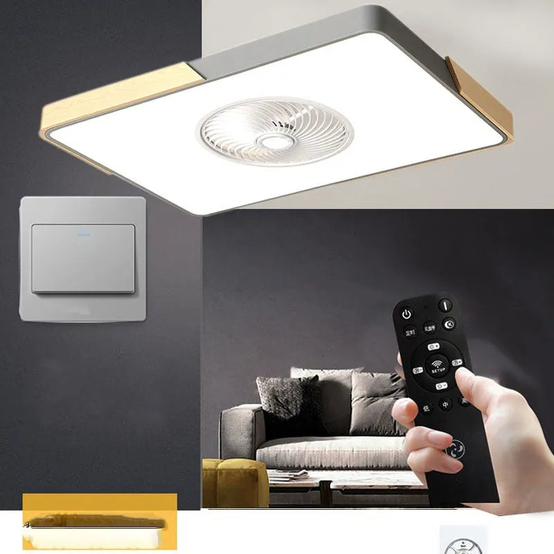 Nordic solid wood ceiling fan light with PVC shade in rectangular, round, or square options