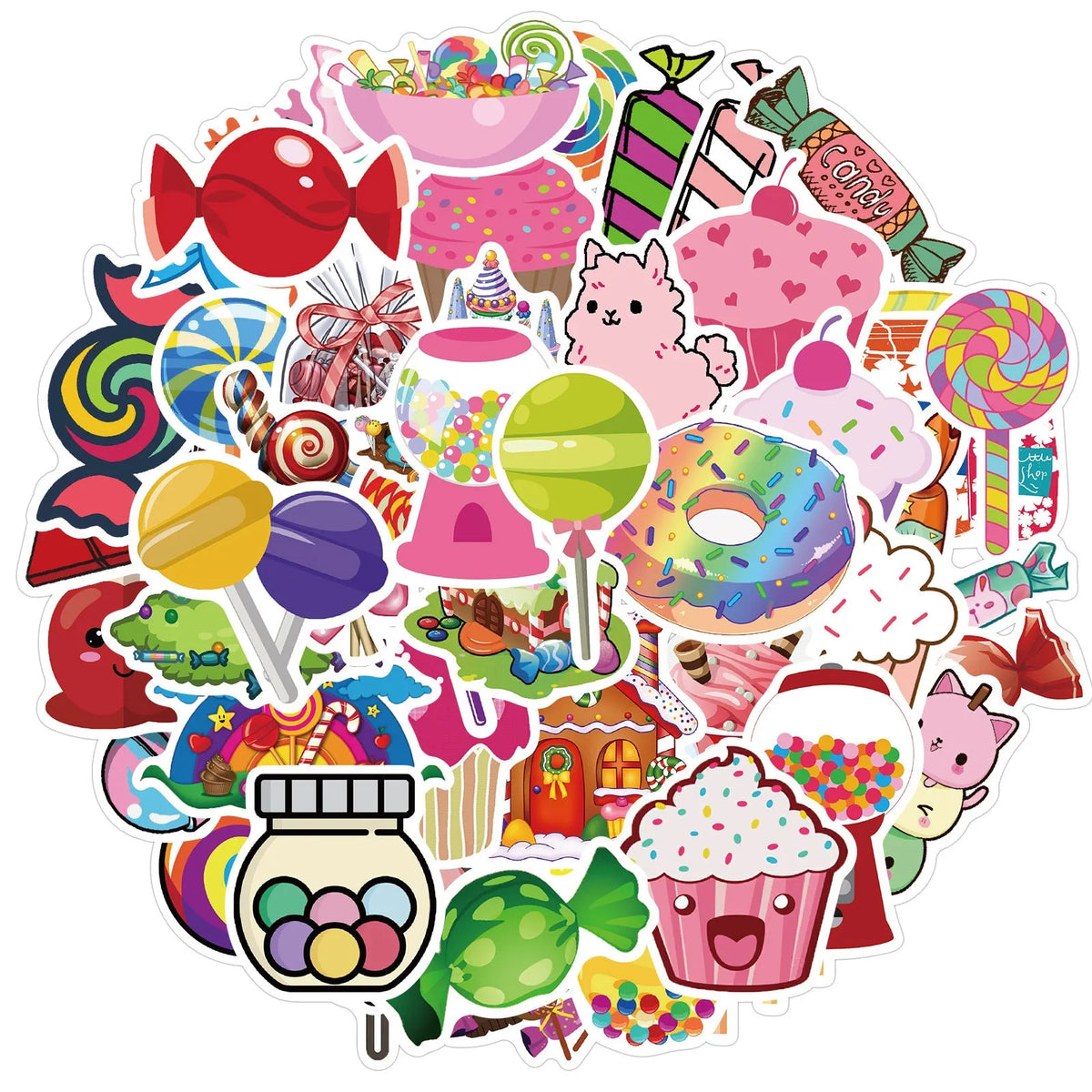 Pack of 50 colourful Candy series graffiti stickers with cartoon cute designs, each 4-6cm long.