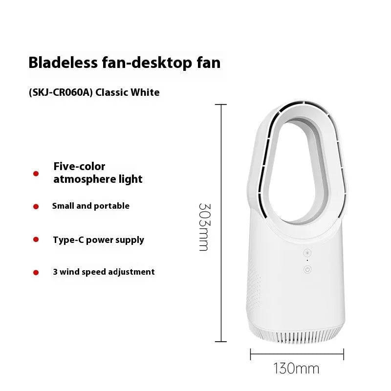 White bladeless tower fan with remote control on floor next to desk