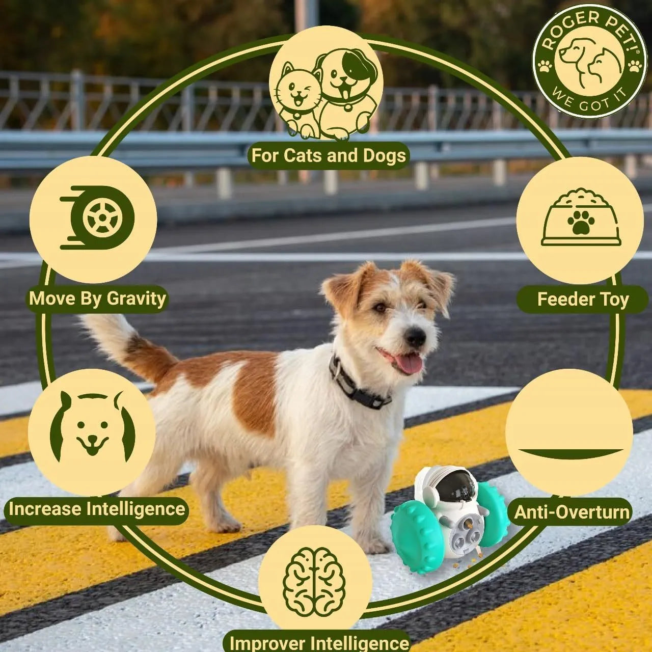 Dog treat tumbler puzzle toy with robot design in multiple colour options